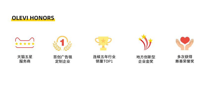 天貓五星服務商；首創廣告毯定制企業；連續五年行業銷量TOP1；地方創新型企業金獎；多次獲得慈善榮譽獎。